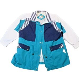 Current Seen Windbreaker Jacket 1X Teal Navy Striped Nautical Coastal Vtg 90s